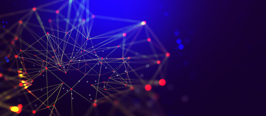 Poster - Global network 3D illustration. Visualization of neural connections in artificial intelligence. Abstract, high tech, full color background with polygonal mesh elements