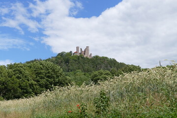 Landschaften mit Feldern, Wäldern und Burg Hanstein auf Bergkegel in Bornhagen / Thüringen