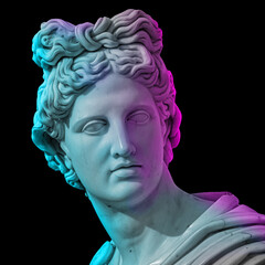 Sticker - Statue of of Apollo God of Sun. Creative concept colorful neon image with ancient greek sculpture Apollo Belvedere head. Webpunk, vaporwave and surreal art style. Isolated on a black.