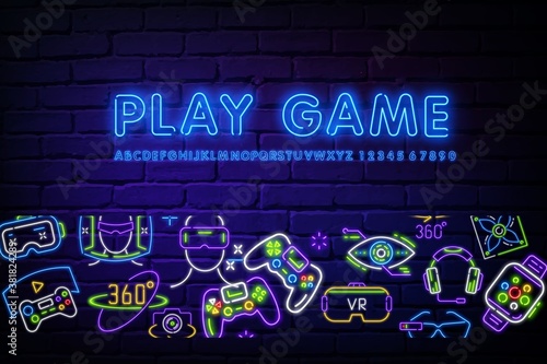 Console community neon banner in style. Game icons, Gamepad on a brick backgr...