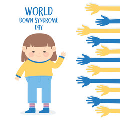 Sticker - world down syndrome day, cute girl raised hands blue and yellow color