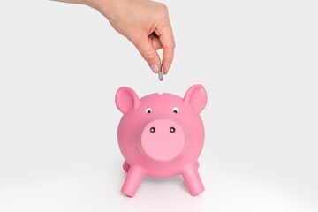 Hand of woman is putting money in to pink piggy bank