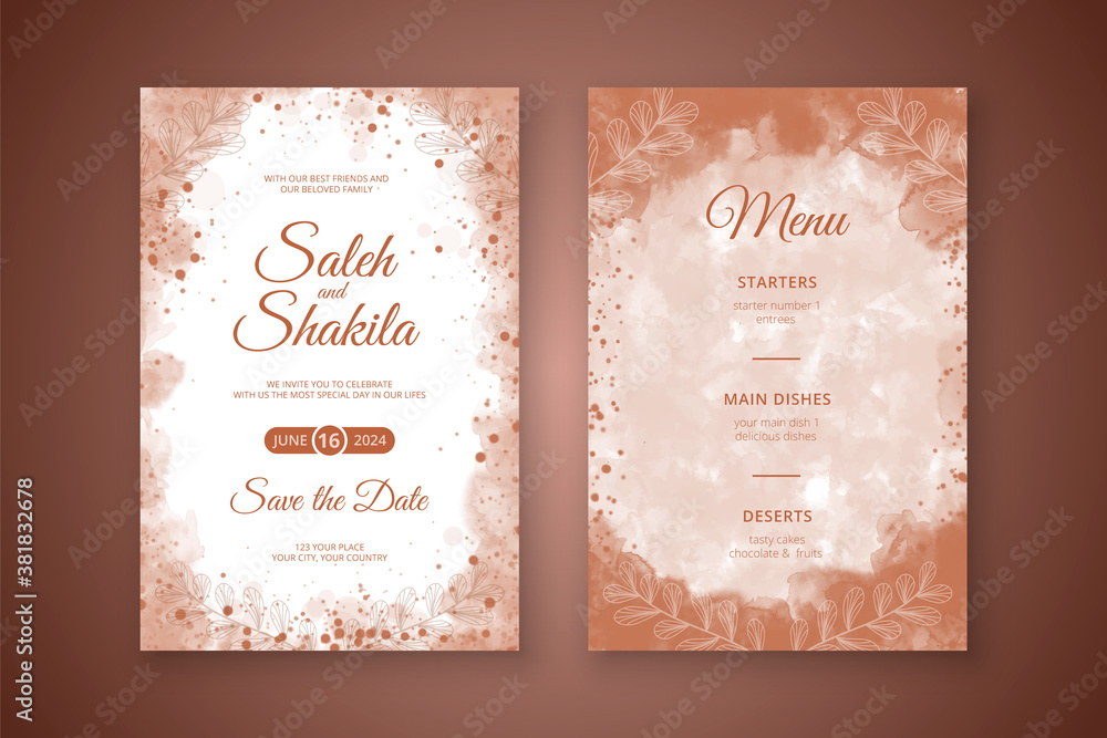 Wedding invitation card and menu with elegant watercolor dark abstract ...