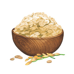 Wall Mural - Watercolor wooden bowl of yellow rice decorated with cereal stick.