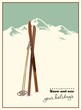 © pgmart - Vector winter themed template with wooden old fashioned skis and poles in the snow with snowy mountains and clear sky on background. Retro looking minimalistic skiing promotion poster template