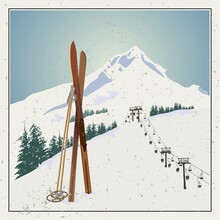 Vector Winter Themed Template With Wooden Old Fashioned Skis And Poles In The Snow With Snowy Mountains And Clear Sky On Background. Retro Looking Minimalistic Skiing Promotion Poster Template