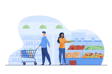 Wall Mural - people choosing products in grocery store. trolley, vegetables, basket flat vector illustration. sho