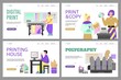 Set of website banners for offset polygraphy services and printing house with cartoon people and print facilities, flat vector illustration. Landing pages for typography.