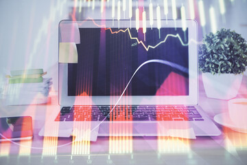 Forex market chart hologram and personal computer background. Multi exposure. Concept of investment.