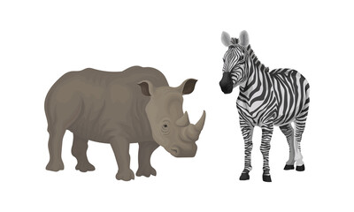 Wall Mural - huge rhino and striped zebra as african animal vector set