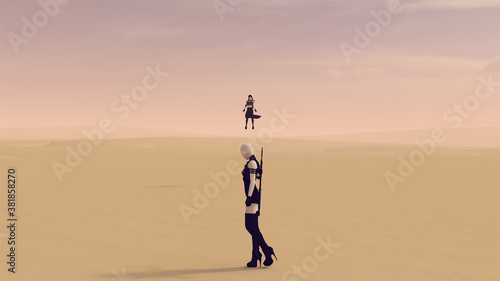 Fotografía Superhero and Super villain Face off in a Dusty Desert 3d illustration