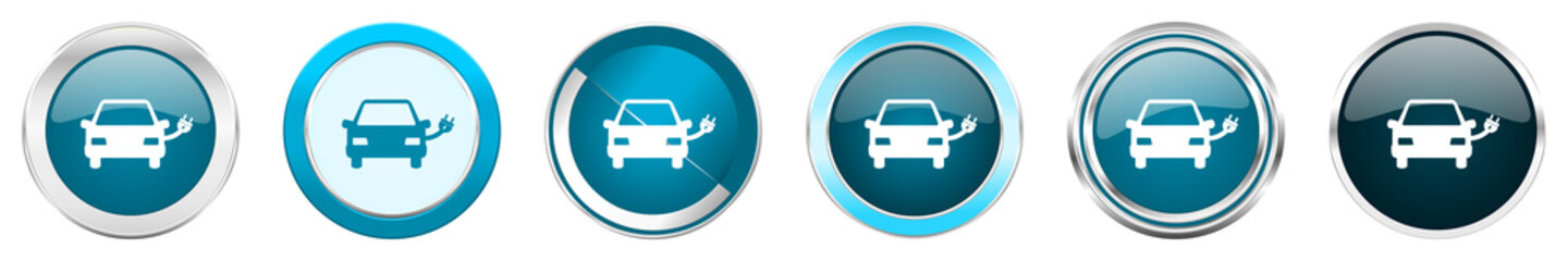 Aufkleber - Electric car silver metallic chrome border icons in 6 options, set of web blue round buttons isolated on white background
