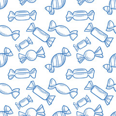 Wall Mural - Sweets seamless pattern. Different candies and lollipops hand drawn endless background. Part of set.