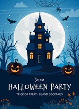 Halloween Party Flyer Template With Haunted House And Pumpkins