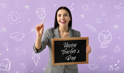 Poster - Female teacher holding chalkboard with text HAPPY TEACHER'S DAY on color background