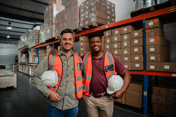 Wall Mural - Two male colleagues hugging each other smiling while standing in factory holding hard hats 