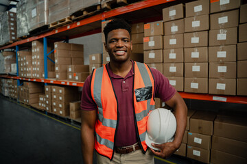 Wall Mural - Handsome male holding hardhat working in factory shop packaging parcels for delivery 