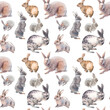 Watercolor rabbit seamless pattern. Artistic wallpaper with cute animals on white background.
