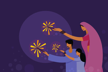 Wall Mural - Family members wearing traditional dresses celebrating Diwali festival with fire works