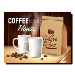 Sticker - Coffee House Creative Promotional Poster Vector. Eco Coffee Beans, Blank Cups And Paper Bag Package For Transportation Breakfast Advertising Marketing Banner. Style Color Concept Template Illustration