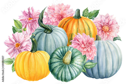 Fotografía Composition pumpkins and dahlias flowers on a white isolated background, autumn harvest, watercolor drawings