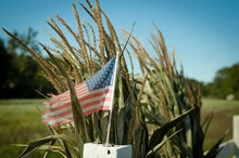 USA Flag On White Fence In Farmland On Holiday