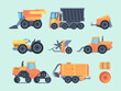 Agricultural mechanisms and machines set. Farm tractor specialized mower mechanical seeder automatic yellow thresher on trailer truck transporting grain combine harvesting crops. Vector flat.