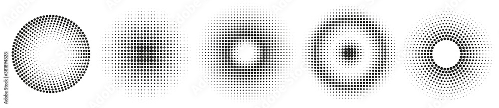 Set of simple halftones. Black gradient circles of dots. Dotwork. Vector illustration - obrazy, fototapety, plakaty 