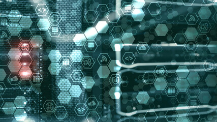 Wall Mural - digital internet connection technology concept. icons on server rack room background.