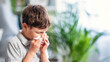 sick boy blows his nose into cloth, unhealthy child suffers from inaccurate shot