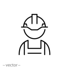 Wall Mural - builder or constructor icon, construction worker, hard helmet, safety first concept,  thin line web symbol on white background - editable stroke vector illustration eps10
