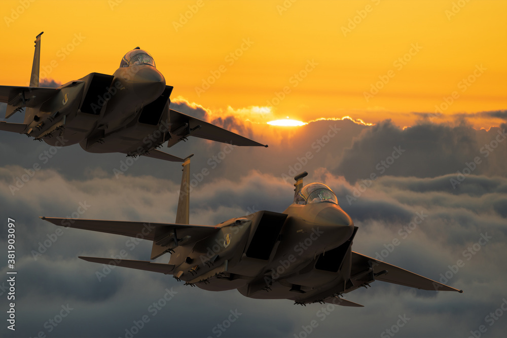 Boeing F-15E Strike Eagle formation flying above the clouds Stock Photo ...