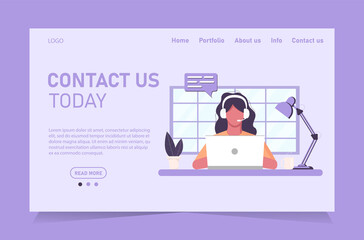 Concept for website template and work from home banner. Girl freelancer in headphones at a laptop works from home office chat customer support, training. Graphics in a flat style in blue colors