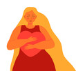 © passionart - Cute woman with long blond hair hugs big heart carefully. Woman is holding red heart in her hands. Love for yourself, high esteem and body positive ector.
