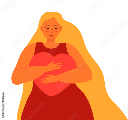 Cuadros en Lienzo Cute woman with long blond hair hugs big heart carefully
