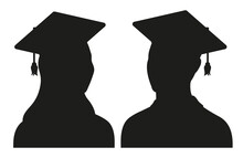 College Girl And Boy Students, University Graduates In Graduation Cap And Gown Silhouette Avatar Set. Vector Illustration.