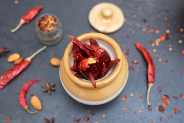 Indian Spices, heap of dried Kashmiri chilli or red chilly pepper on black background South India, Top view of organic whole spice Garam Masala ingredient for cooking spicy hot curry