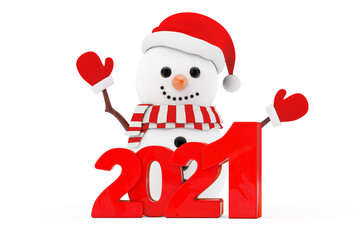 Aufkleber - Snowman in Santa Claus Hat Character Mascot with New Year 2021 Sign. 3d Rendering