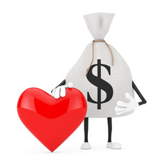 Poster - Tied Rustic Canvas Linen Money Sack or Money Bag and Dollar Sign Character Mascot with Red Heart. 3d Rendering