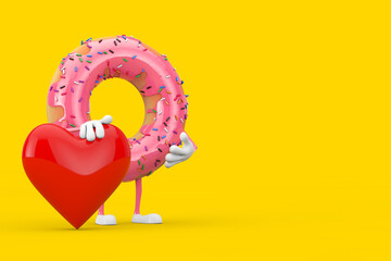 Poster - Big Strawberry Pink Glazed Donut Character Mascot with Red Heart. 3d Rendering