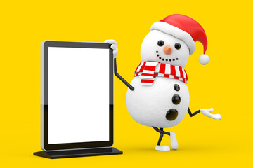 Poster - Snowman in Santa Claus Hat Character Mascot with Blank Trade Show LCD Screen Stand as Template for Your Design. 3d Rendering