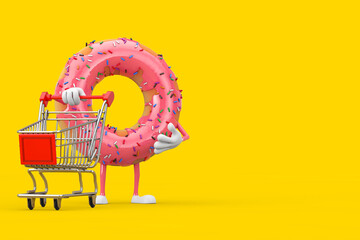 Poster - Big Strawberry Pink Glazed Donut Character Mascot with Shopping Cart Trolley. 3d Rendering