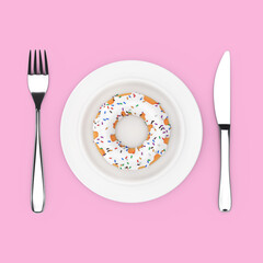Poster - Fork and Knife near Plate with Big White Chocolate Glazed Donut with Color Sprinkles, Top View. 3d Rendering
