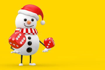 Aufkleber - Snowman in Santa Claus Hat Character Mascot with Red Game Dice Cubes in Flight. 3d Rendering