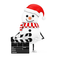 Poster - Snowman in Santa Claus Hat Character Mascot with Novie Clapper Board. 3d Rendering