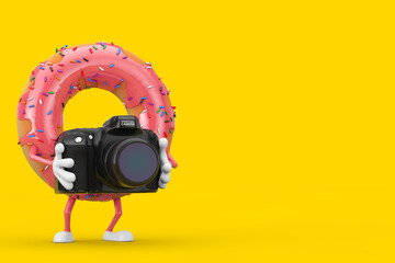 Poster - Big Strawberry Pink Glazed Donut Character Mascot with Modern Digital Photo Camera. 3d Rendering