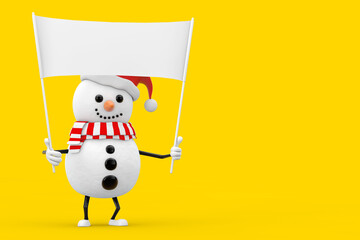 Aufkleber - Snowman in Santa Claus Hat Character Mascot and Empty White Blank Banner with Free Space for Your Design. 3d Rendering
