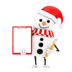 Aufkleber - Snowman in Santa Claus Hat Character Mascot with Red Plastic Clipboard, Paper and Pencil. 3d Rendering
