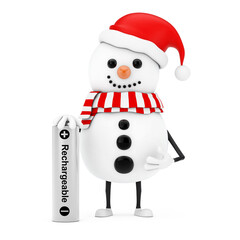 Poster - Snowman in Santa Claus Hat Character Mascot with Rechargeable Battery. 3d Rendering