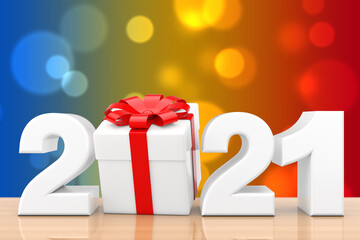 Poster - 2021 New Year Sign with Gift Box and Red Ribbon. 3d Rendering